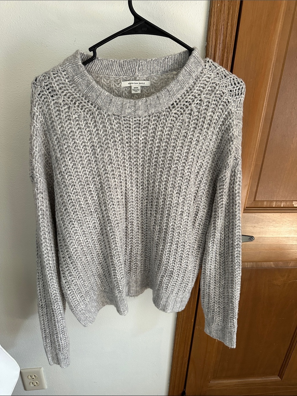 American Eagle Outfitters Light Gray Open-Knit Crewneck Sweater